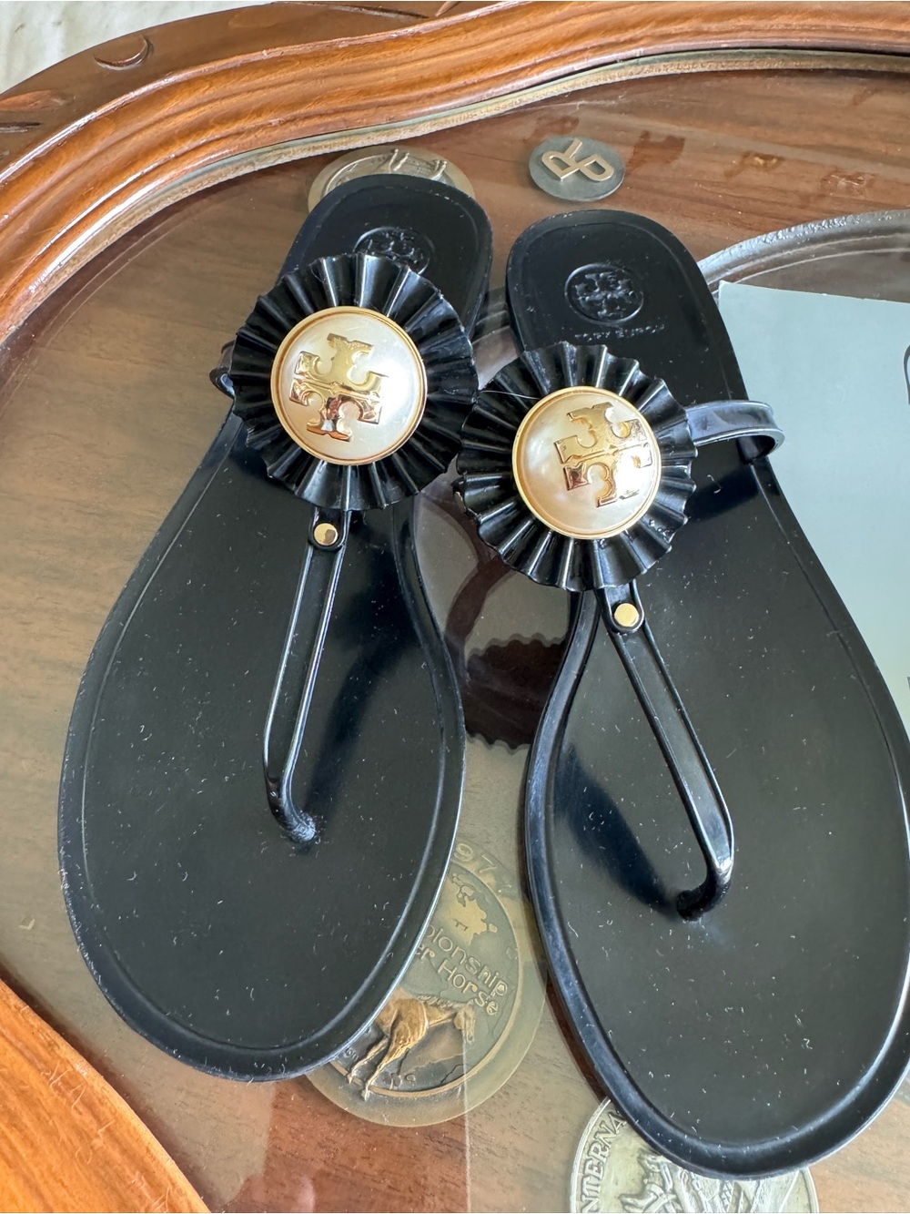 Tory Burch Black Jelly Thong Sandals with Gold Logo Rosette - Picture 5 of 16